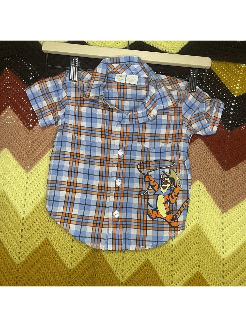 Disney Tigger Plaid Button Collared Short Sleeve Cowboy Shirt 18 M